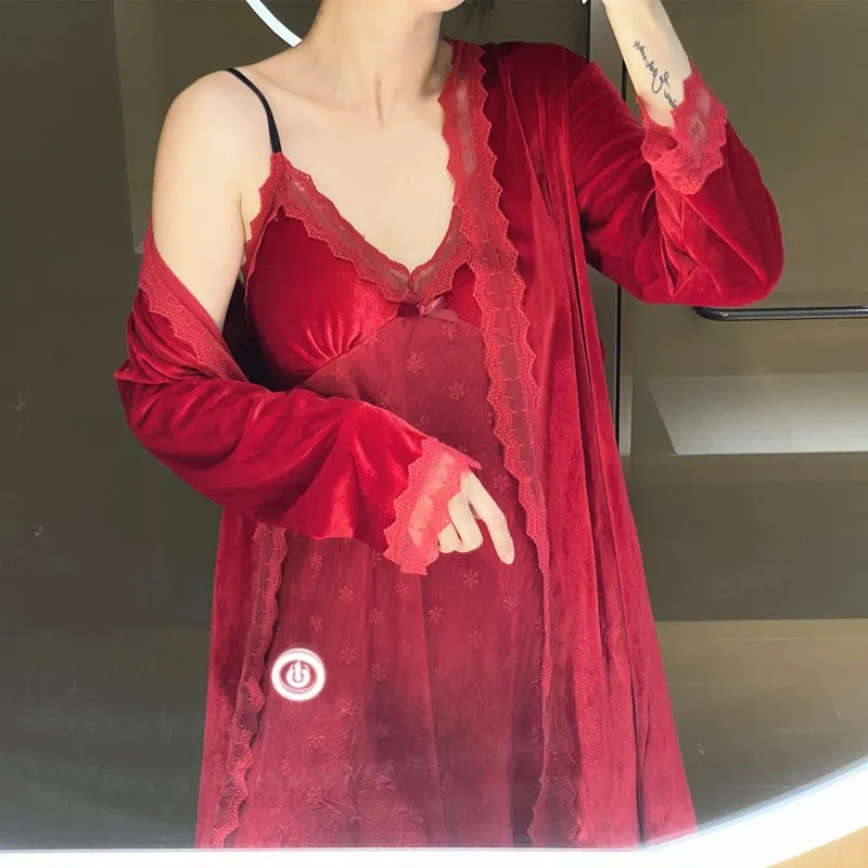 Ženy 2KS Kimono Župan Nastaviť Oka Velúrové Župan Šaty Domáce Oblečenie Intímne Bielizeň Jeseň Nové Velvet Sleepwear Nightgown